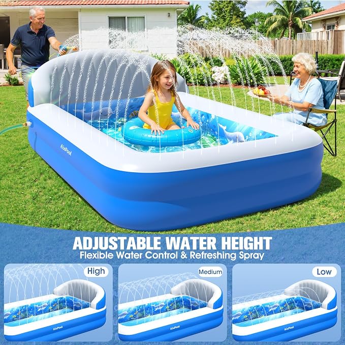 2026 Inflatable Pool with Sprinkler,Durable Blow up Pool with Big Backrest, Rectangle Kid Pool Backyard,Children Swimming Pool,Small Inflatable Kiddie Pool,Outdoor Water Pool for Kid69×39×23IN