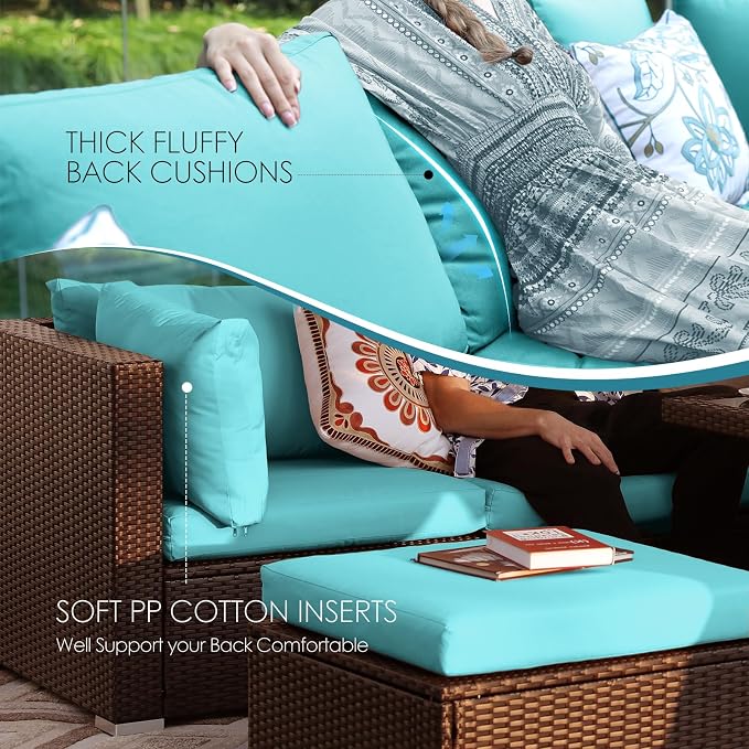 NICESOUL 15 Piece Outdoor Sectional with Fire Pit Table, Modern Luxury Patio Deep Seating w/Firepit, 29.3'' High-Back Wicker Couch Thick, Big High-Weight Capacity Sofa for Garden, Yard, Brown & Teal