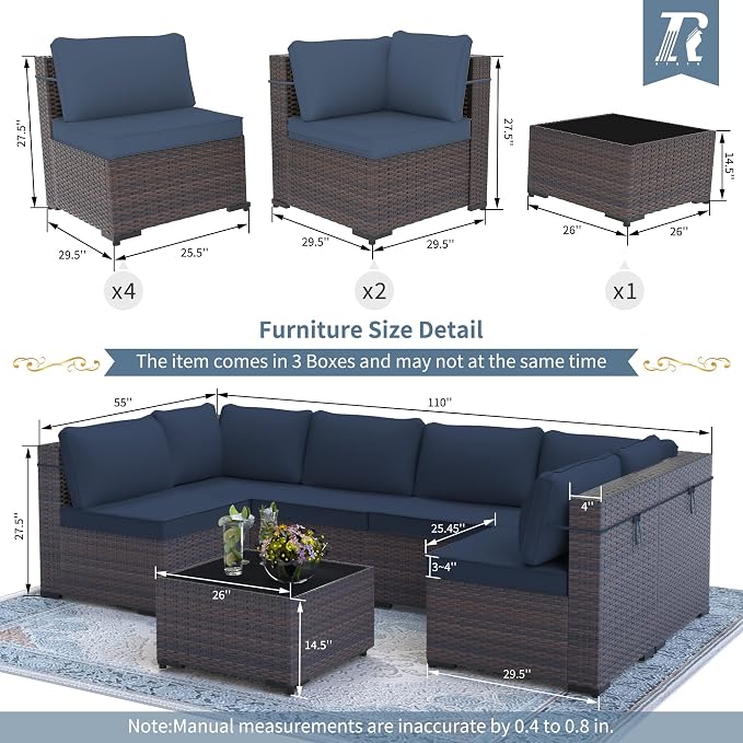 7 Pieces Outdoor Patio Furniture Set,Outdoor Sectional Furniture All Weather PE Rattan Wicker Patio Conversation Set with Coffee Table and 6 Thickened Cushions,Navy Blue