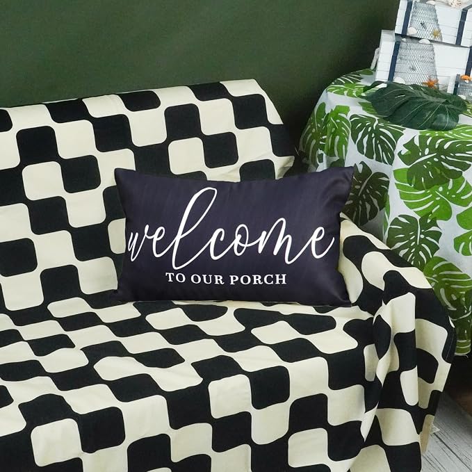 ONWAY Black Outdoor Welcome Throw Pillow Covers 12x20 Inch Waterproof Black and White Decorative Cushion Cover for Patio Furniture Garden Spring Summer Decor