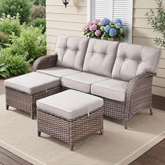 3-Piece Wicker Patio Furniture Set with 5-Inch Thick Cushions Outdoor Hand-Woven Rattan Sofa and Ottomans Set Weather Resistant Conversation Couch for Backyard Porch Garden Brown/Beige