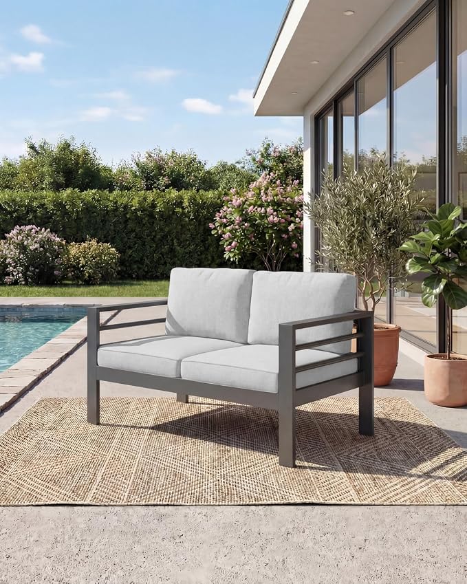 AECOJOY Aluminum Patio Furniture Loveseat, Modern Outdoor Furniture with Washable 5 inch Thick Cushion, Light Gray