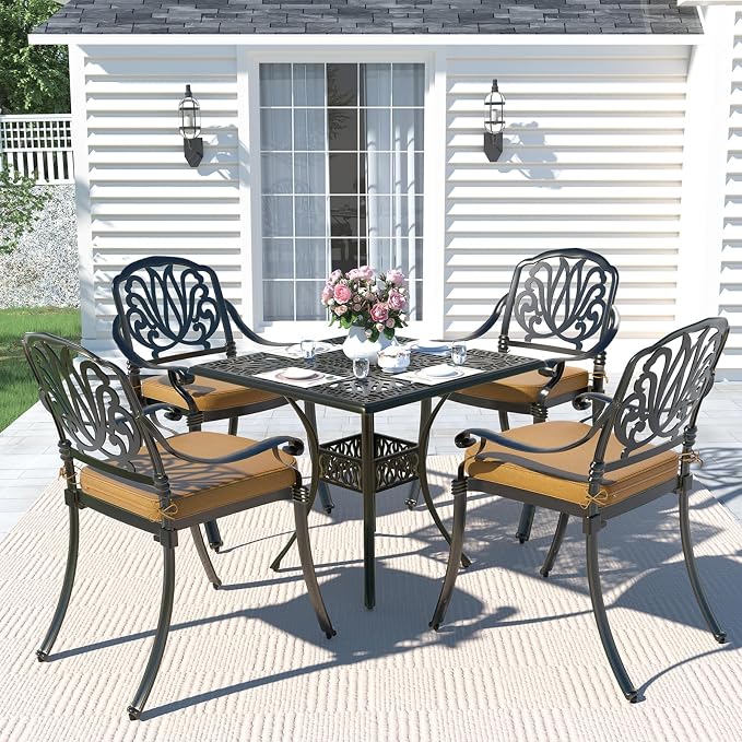 MEETWARM 5-Piece Outdoor Patio Dining Set, All-Weather Cast Aluminum Patio Conversation Set for Backyard Garden Deck with 4 Chairs, 4 Cushions and 35.4" Square Table, 2.2" Umbrella Hole