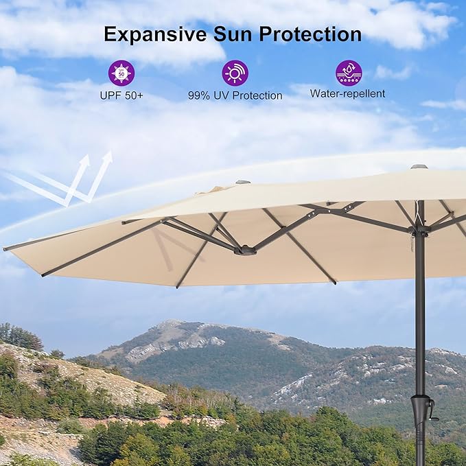 PURPLE LEAF 14ft Patio Umbrella Outdoor Double-Sided Umbrella with Base and Crank Rectangle Market Table Umbrella for Pool Deck Garden, Khaki