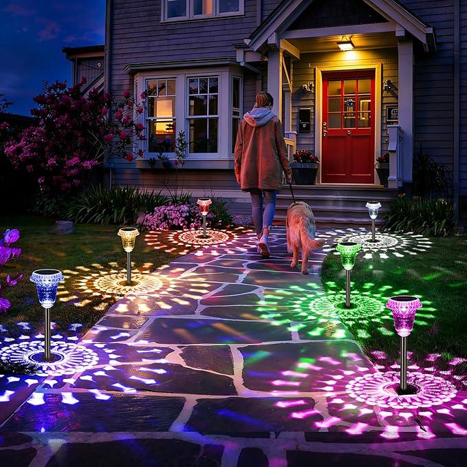 Solar Lights Outdoor Pathway Waterproof, Multicolor Decorative Garden Lights for Walkway Driveway Yard Lawn, Acrylic Solar Powered Landscape Path Lights, 10 Modes (3 White&7 Diverse Colors), 6 Pack