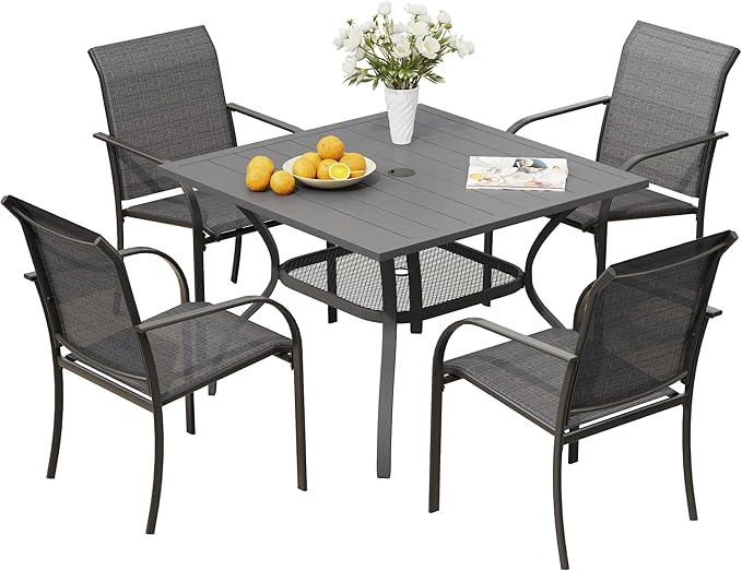 VICLLAX Outdoor Dining Set for 4, Patio Furniture Set of 4 Patio Stackable Dining Chairs and Outdoor Metal Square Table with Umbrella Hole for Backyard Lawn Garden, Dark Grey Chairs and Grey Table