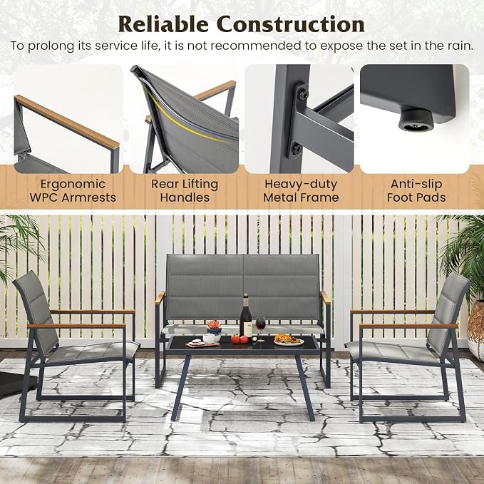 HAPPYGRILL 4-Piece Patio Furniture Set, Modern Sectional Sofa Set w/Fabric Seats, Wood-Plastic Armrests, Tempered Glass Coffee Table, Outdoor Conversation Set for Backyard Balcony Garden Porch (2)