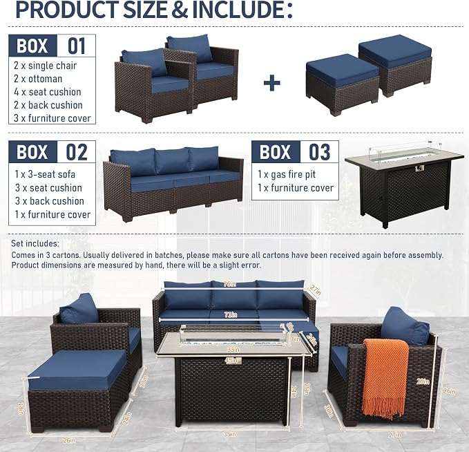 6-Piece Patio Furniture Set Outdoor Furniture Set with 45'' Propane Gas Fire Pit Table Outdoor Conversation Set Wicker Sofa Set Non-Slip Cushions Waterproof Covers, Navy Blue