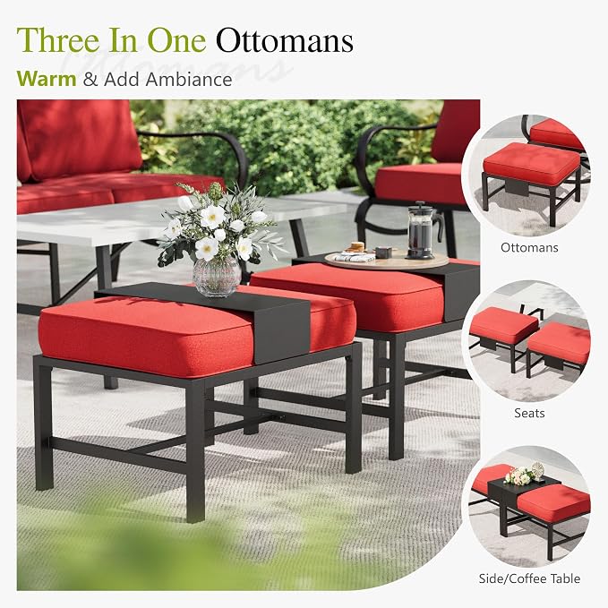 Sophia & William Patio Furniture Sets for 5 Outdoor Metal Conversation Sets 5 Pcs with 2 x Cushioned Swivel Sofa Chairs, 2 x Ottomans as Coffee Table, 1 x 3-Seat Sofa, Lawn Backyard Poolside Red