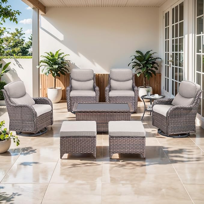 Outdoor Swivel Rocker Patio Chairs Set of 4 with Ottoman Coffee Table - 5" Thick Cushion 8 Piece Furniture Set All Weather Comfortable Wicker Conversation Set for Porch Deck - Brown/Beige