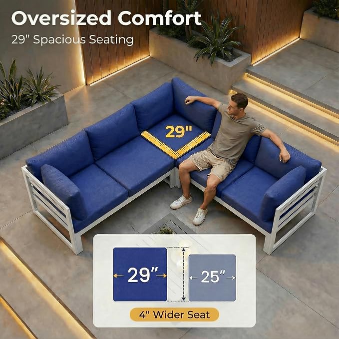 NICESOUL 9 Pcs Aluminum Patio Sectional Furniture Set with Chaise & Fire Pit Table, 500 lbs Heavy Duty Anti-Rust Outdoor Couch, 29" Deep Wide Seat, High End Conversation Sofa for Poolside, Navy Blue