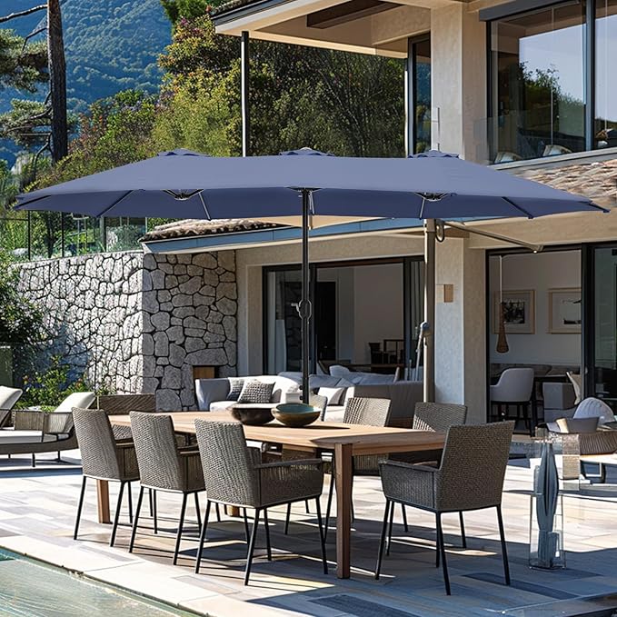 GREEN PARTY 15 ft Rectangular Patio Umbrella with Base Included, Large Double-Sided Outdoor Table Umbrella with Crank, 1.9" Pole UPF 50+ UV Resistant for Pool Deck Backyard Garden, Navy Blue