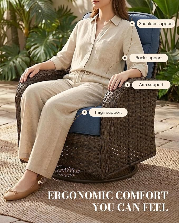 Belord Upgraded 6“ Cushion Luxury 5 Piece Patio Furniture Set - High Back Outdoor Furniture Set with Swivel Rocker Patio Chairs, All-Weather Wicker Conversation Set for Deck Porch Yard - Brown/Blue