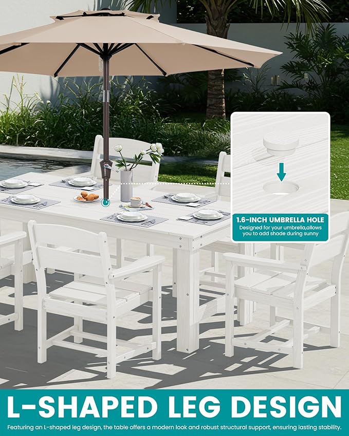 SERWALL Outdoor Dining Table Set, 67‘’ HDPE Patio Dining Set for 6, All-Weather Outdoor Table and Chairs Set for Deck, White