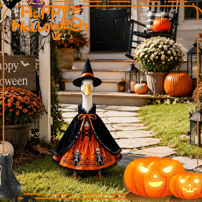 Halloween Porch Goose Outfits 3 Pcs Geese Outfit Outdoor Garden Statue | Ghost Cape Pumpkin Dress Witch Hat Set Cute Gooses Set Goose Clothes for Halloween Patio Yard Decor
