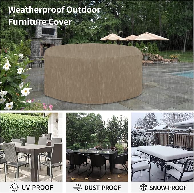 Easy-Going 600D Heavy Duty Round Patio Furniture Cover, Outdoor Table and Chair Set Cover, Waterproof Outdoor Sectional Furniture Set Cover (96" DIAx 28" H, Camel)