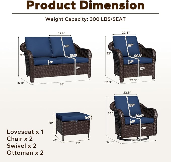 7 Piece Patio Wicker Conversation Set, All-Weather Use Outdoor Wicker Loveseat with 2 PE Rattan Ottomans,2 Chair, 2 Swivel Chair, Ideal for Porch, Backyard, Balcony, Poolside, Blue