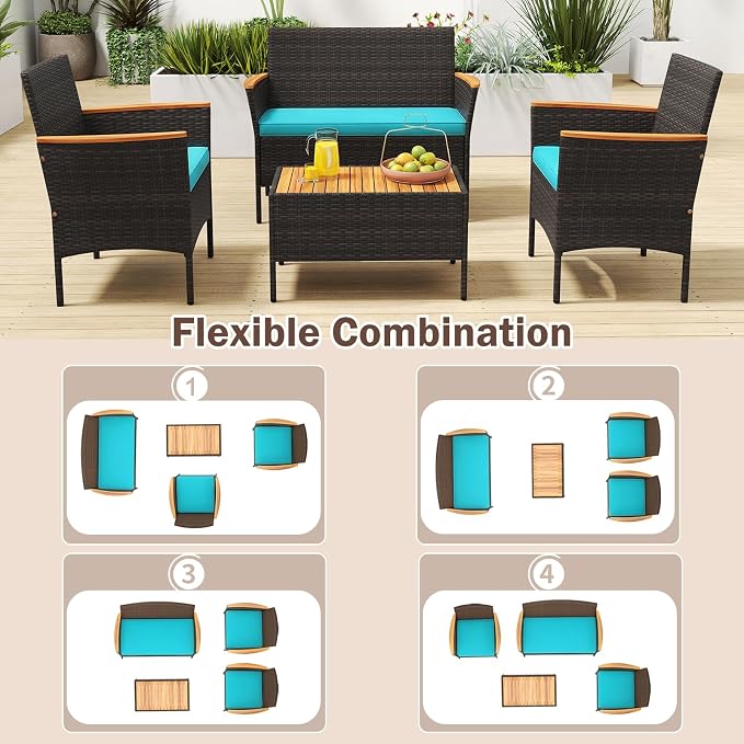Tangkula 4 Pieces Patio Wicker Sofa Set, 2 Rattan Chairs & Loveseat w/Coffee Table, Acacia Wood Armrests & Tabletop, Outdoor Cushioned Conversation Set for Backyard, Poolside (Turquoise, 8 Pieces)