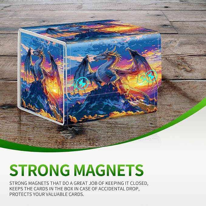 Card Deck Box for MTG, Cards Storage Box Fits 120+ Sleeved, Leather Small Size Strong Magnetic Closing Card Case for Board Games Magic TCG CCG Baseball Collection, Mountain Sunset Dragon
