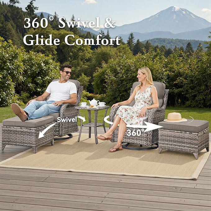Belord Luxury 6" Thick Cushioned 5 Pieces Patio Furniture Set with 2 Ottomans, Wicker Outdoor Conversation Set with High Back Swivel Rocker Patio Chairs for Deck Porch Yard and Poolside - Grey+Grey