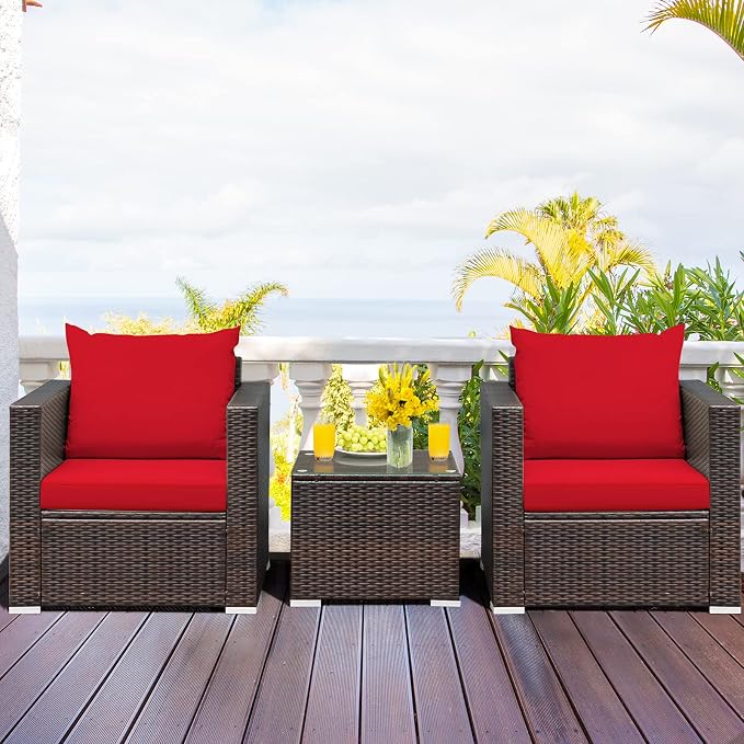 HAPPYGRILL 3 Piece Patio Furniture Set PE Rattan Wicker Sofa Set with Cushions and Coffee Table Outdoor Patio Conversation Set for Garden Poolside Balcony