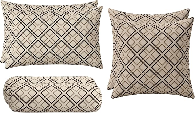 RSH DECOR: 6-Pack Pillow Set | Sunbrella Performance Fabric |Water & Fade-Resistant| 17" Square, 20"x12" Lumbar, 20"x6" Neck Roll | Outdoor Pillows for Patio Furniture | Made in USA (Dwell Mahogany)