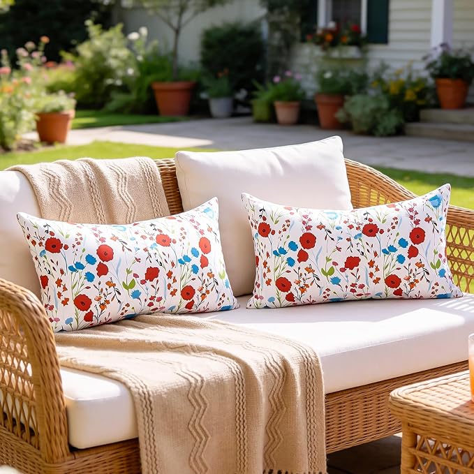 Outdoor Floral Lumbar Pillow Covers Decorative Summer Waterproof Throw Pillow Covers Red Garden Cushion Sham Throw Pillowcase 12x20 Inch Set of 2 Outside Decor for Sofa Furniture Patio Garden Tent