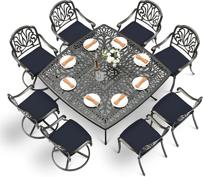 VIVIJASON 9-Piece Outdoor Furniture Dining Set, Cast Aluminum Patio Table and Chairs Set with 4 Stationary Chairs, 4 Swivel Rocker Chairs, 64" Large Square Dining Table, Umbrella Hole, Navy Blue