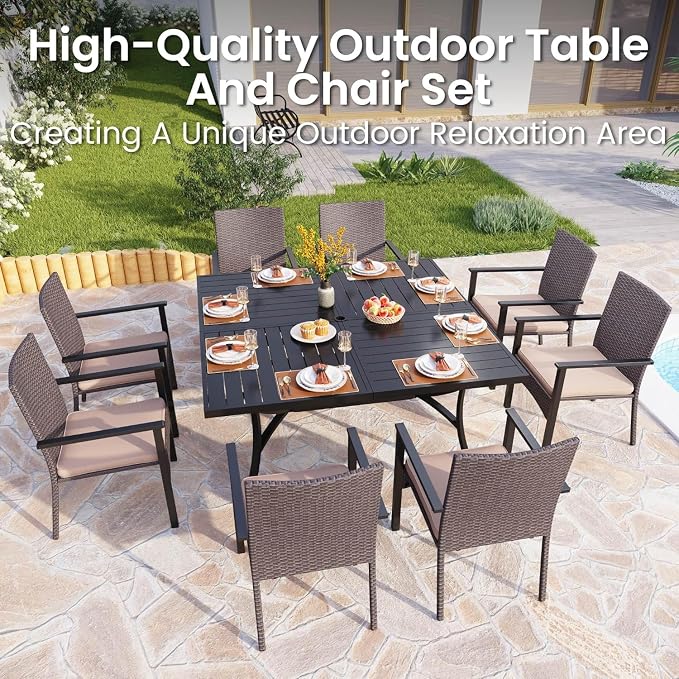 PHI VILLA 9 Pieces Square Outdoor Dining Table Set for 8, 57” Large Metal Steel Dining Table & Rattan Wicker Chairs with Cushions, Dining Furniture Set for Patio, Deck, Yard, Porch