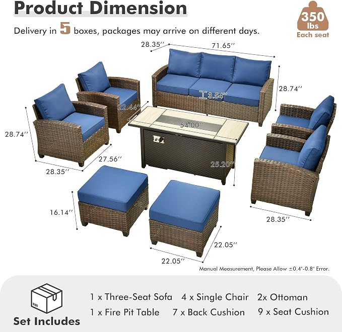 ovios 8 Pieces Patio Furniture Set, Outdoor Wicker Sofa Couch with 54" Fire Pit Table Comfy Cushions, All Weather Brown Rattan Conversation Set for Backyard Deck, Navy Blue