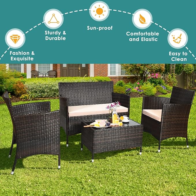 4 Pieces Patio Sofa Set, Wicker Conversation Set with Ergonomic Curved Backrest, Patio Rattan Furniture Set with Water-Resistant Cushion & Tempered Glass Table for Balcony, Porch (Brown)