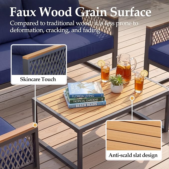 UPHA 5 Pieces Patio Furniture Set, Metal Outdoor Sectional Couch Set with Loveseat & 3-Seat Sofa, 2 Chairs, Coffee Table, Modern Patio Conversation Set for Porch Balcony Deck, 7 Seats, Navy Nlue