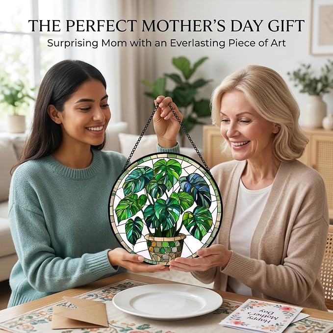 Birthday Gifts for Women - Green Monstera Plant Faux Stained Glass Window Hanging Sun Catcher for Door Garden Acrylic Decor Mother's Day Christmas for Mom Nana Grandma Sisters Wife 9.8"
