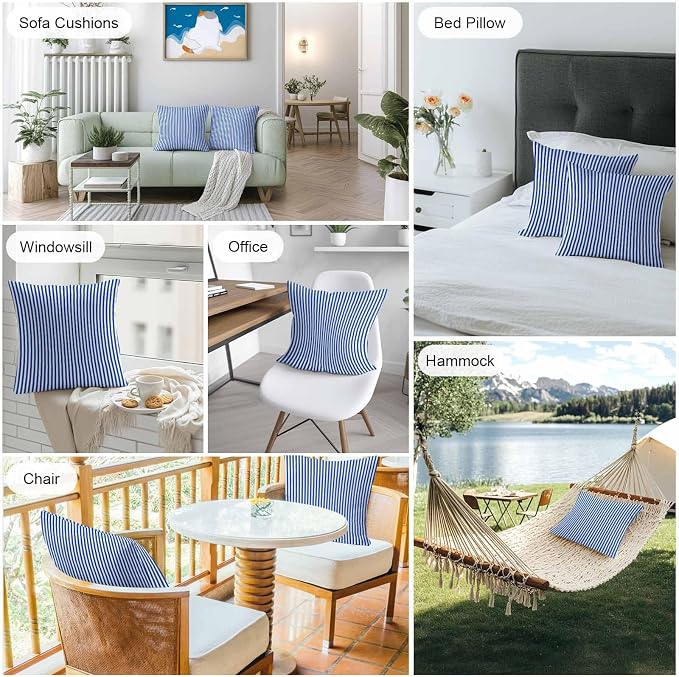 Throw Pillow Covers 24x24 Inch Set of 2, Navy Blue Stripe Waterproof Outdoor Cushion Covers, Modern White Vertical Striped Geometric Decorative Pillowcases for Couch, Sofa, Bed, Garden, Patio