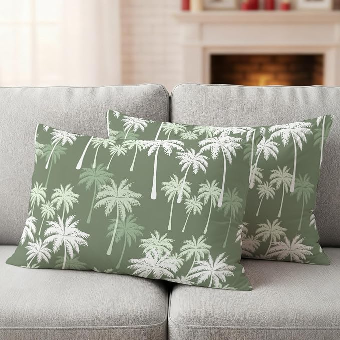 Lumbar Pillow Covers 20x12 Inch Set of 2, Tropical Palm Tree Waterproof Outdoor Pillow Covers, Olive Green Plants Coastal Leaf Beach Decorative Cushion Pillowcases for Couch, Sofa, Bed, Garden, Patio
