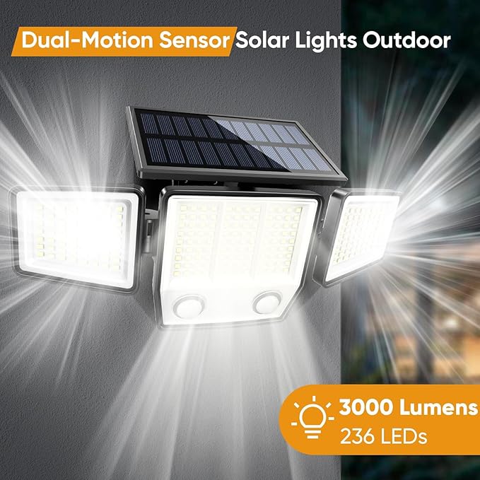 Solar Motion Sensor Outdoor Lights Waterproof - 3000LM 3 Modes Security Lights Outdoor 270° Illumination IP65 LED Solar Flood Wall Light for Garden Yard Patio Pathway (With ‎Remote Control, 4)