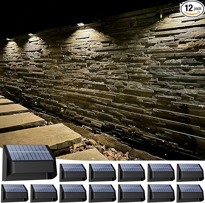 Yivsen Solar Fence Lights, Warm White & RGB Fence Lights Outdoor Step Lights Outdoor Waterproof LED Solar Lighting for Outside, Backyard, Patio, Deck, Stair Handrail, Pool and Wall(12 Pack,Black)