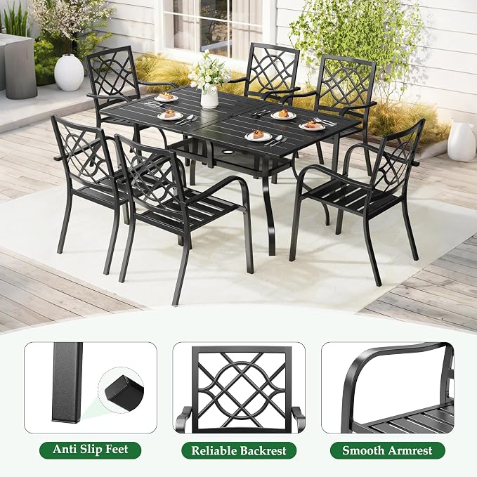 Oakcloud 7-Piece Patio Dining Set, Outdoor Metal Furniture Dining Table Set 6 Stackable Patio Dining Chairs and Rectangle Dining Table with Umbrella Hole, Black
