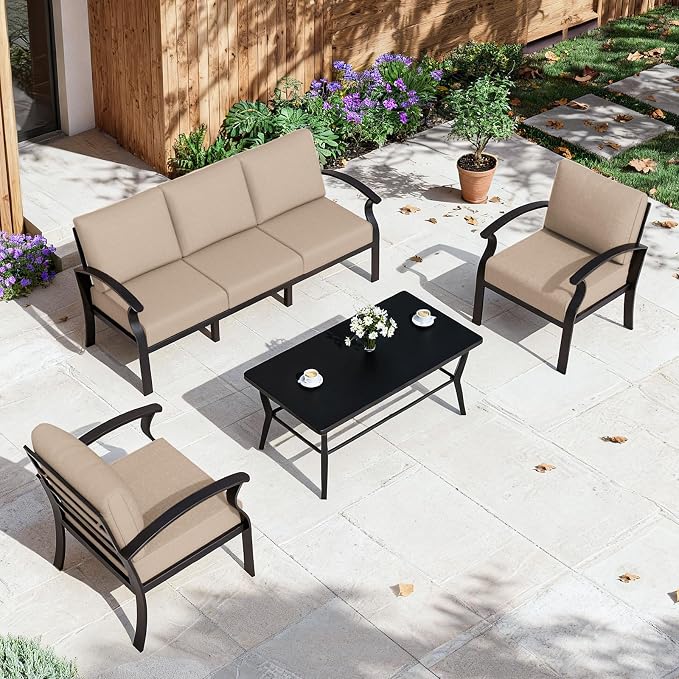 ALAULM Aluminum Patio Furniture Set with Coffee Table Rectangular，5-seat Outdoor Sectional Furniture w/5.1" Cushions，Patio Conversation Set for Porch, Backyard, Poolside-Sand