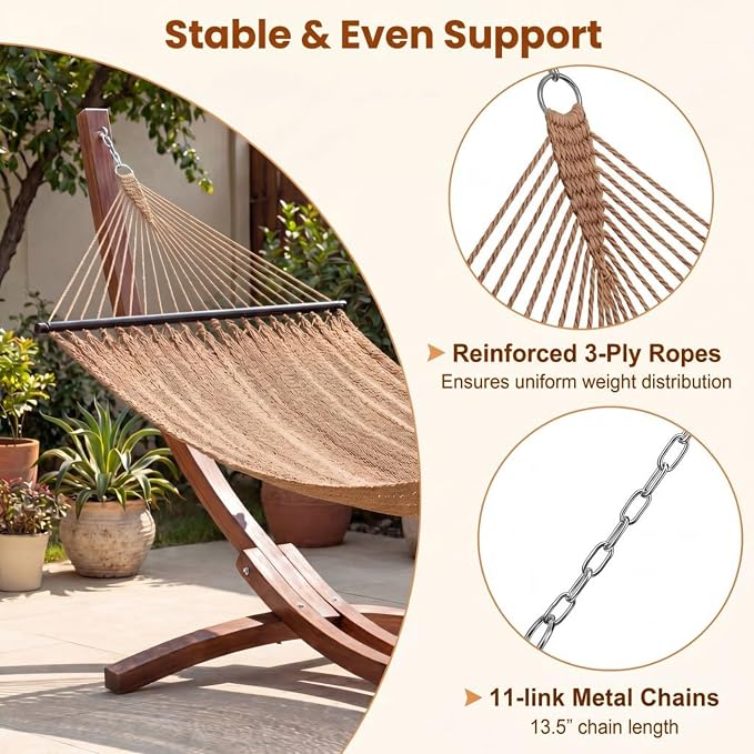 Happygrill 10.5FT Caribbean Double Hammock, Outdoor Portable Hammock with Spreader Bar, Soft-Spun Polyester Rope, 2 Person Hammocks for Outside, Camping & Patio, Max 600 lbs Capacity (Coffee)