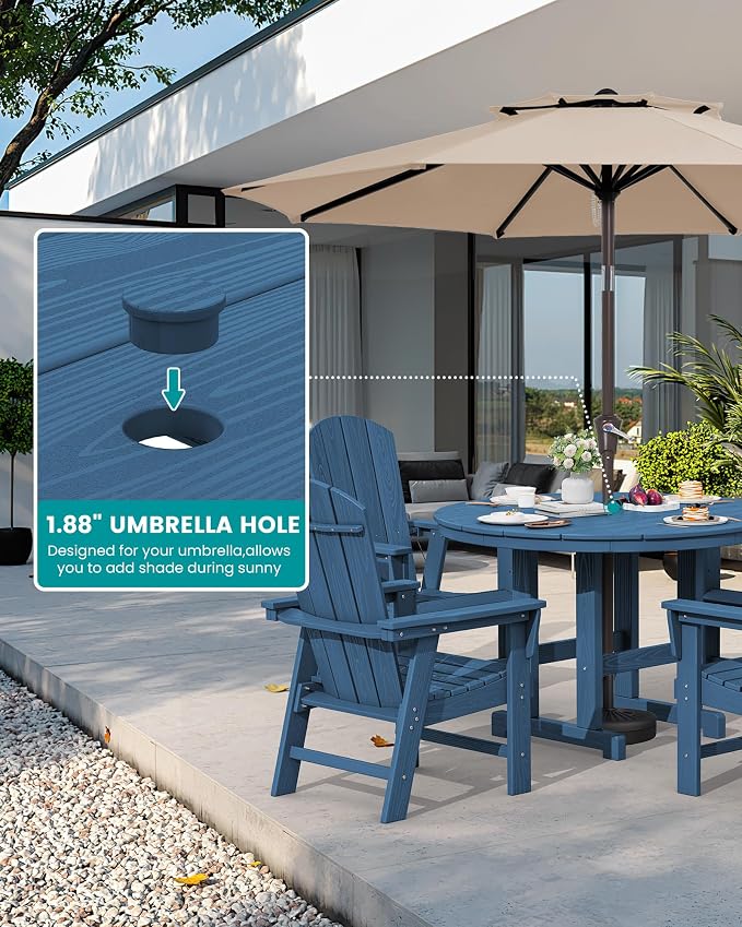 SERWALL 6-Piece Patio Dining Sets with Umbrella, HDPE Outdoor Table and Chairs Furniture Set, 45" Round Dining Table & 4 Adirondack Dining Chairs & 1 9FT Umbrella, Navy(Not Include Umbrella Base)