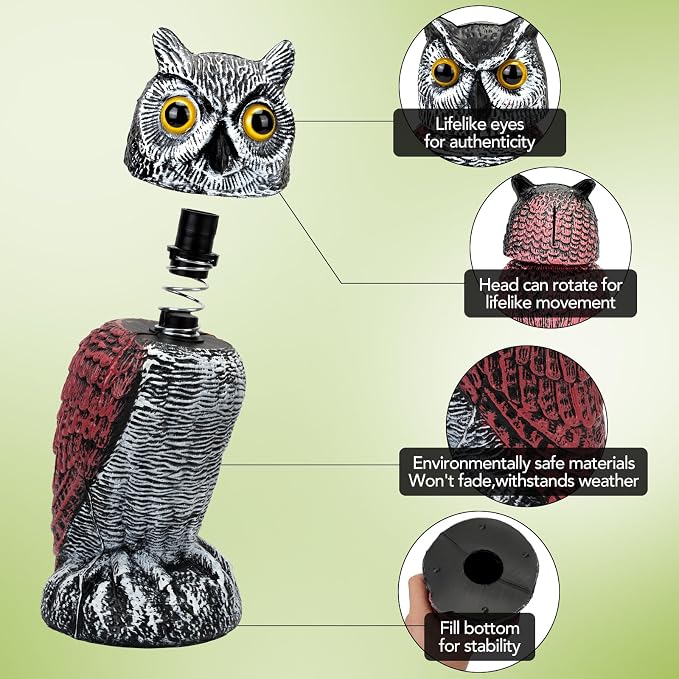 3-Pack Owl for Bird Deterrent - Weatherproof Bird Repellent Devices for Outdoor Use - Plastic Owls to Scare Birds Away and Control Garden Pests