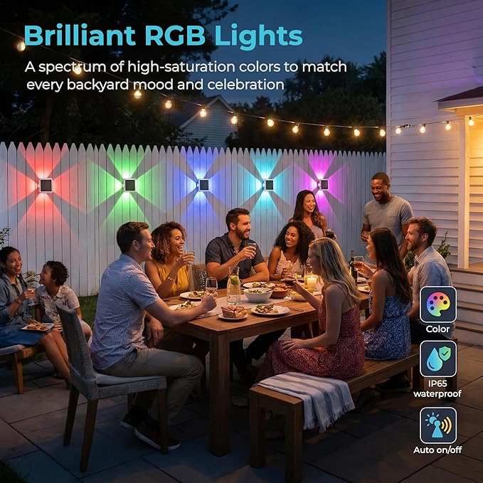 Solar Fence Lights 6 Pack – RGB Color Changing + Warm White, 4-Sided Decorative Accent Lights for Outdoor Fence, Patio, Garden – Soft Glow, All-Night Battery, IP65 Waterproof