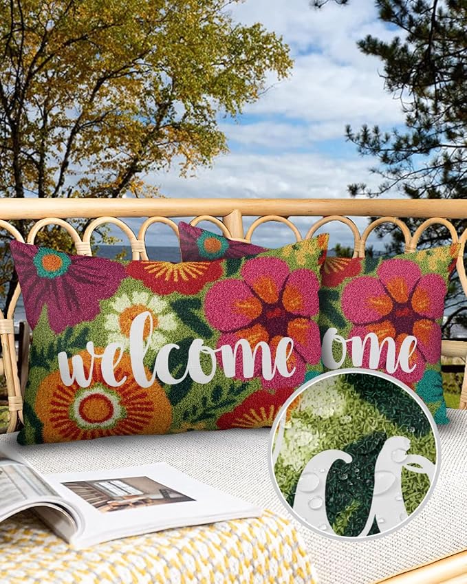 Outdoor Waterproof Throw Pillows 12x20in, Farmhouse Rustic Orange Red Floral Patio Pillows Pack of 1, Decorative Pillow Covers with Insert, Pillow Cushion Case for Garden Abstract Green Leaves