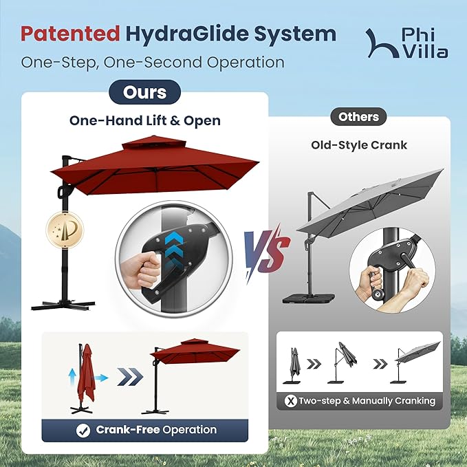 PHI VILLA 9' X 12' Cantilever Patio Umbrella with Base, Outdoor Large Rectangular Umbrellas with 360°Rotation, Heavy Duty Hydraulic Double Umbrella Windproof for Outside, Red