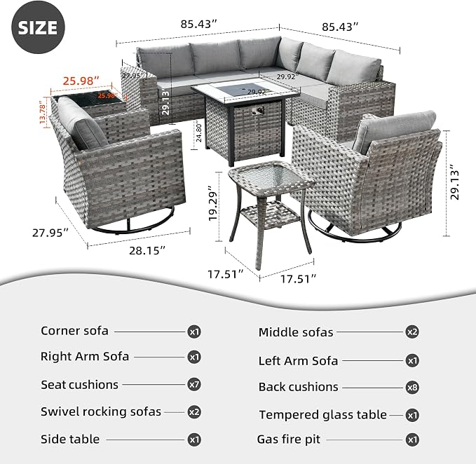 HOOOWOOO 10 Piece Modular Patio Outdoor Sectional Furniture Set with Gas Propane Fire Pit Table,Wicker Conversation Sofa Set with Swivel Chairs,Outside Couch Set(Dark Grey)