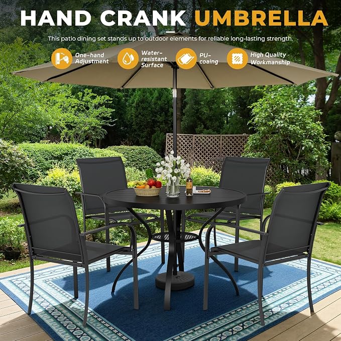 Incbruce 6 PCS Patio Dining Set with Brown Umbrella, Outdoor Dining Set of 4 Textilene Chairs and 41" Round Table with Umbrella Hole for Backyard, Garden, and Poolside (Black)