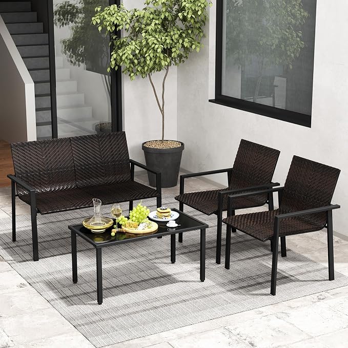 HAPPYGRILL 4 Pieces Outdoor Patio Wicker Furniture Set, Conversation Set with Coffee Table, PE Rattan Chairs with Galvanized Metal Frame for Small Space, Balcony, Poolside, Backyard (Mix Brown)