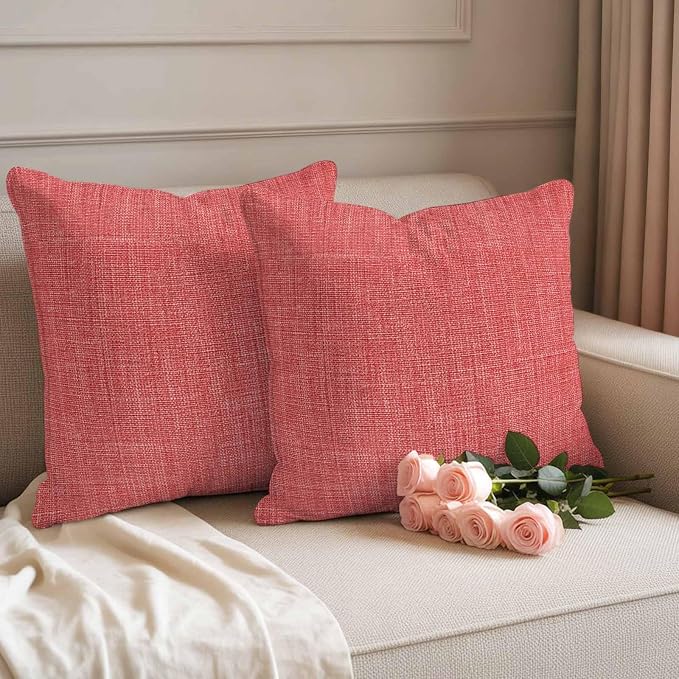 Outdoor Waterproof Throw Pillow Covers Set of 2 Coral Red Linen Pillowcases 26x26 Inches Farmhouse Pure Color Decorative Pillows Cushion Case Patio Pillows for Couch Bed Chair Garden