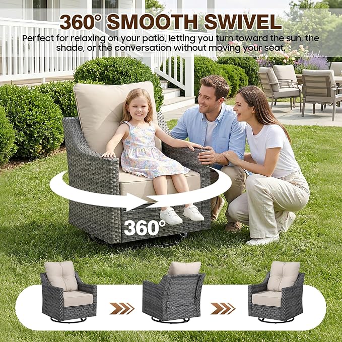 5 Piece Patio Furniture Set With Fire Pit Table, 360°Swivel Glider Patio Chairs Set of 2,Cozy 60,000 BTU Rectangular Fire Pit Table,2 Sofas, All-Weather Wicker Patio Set With 6 Inch Cushion for Porch